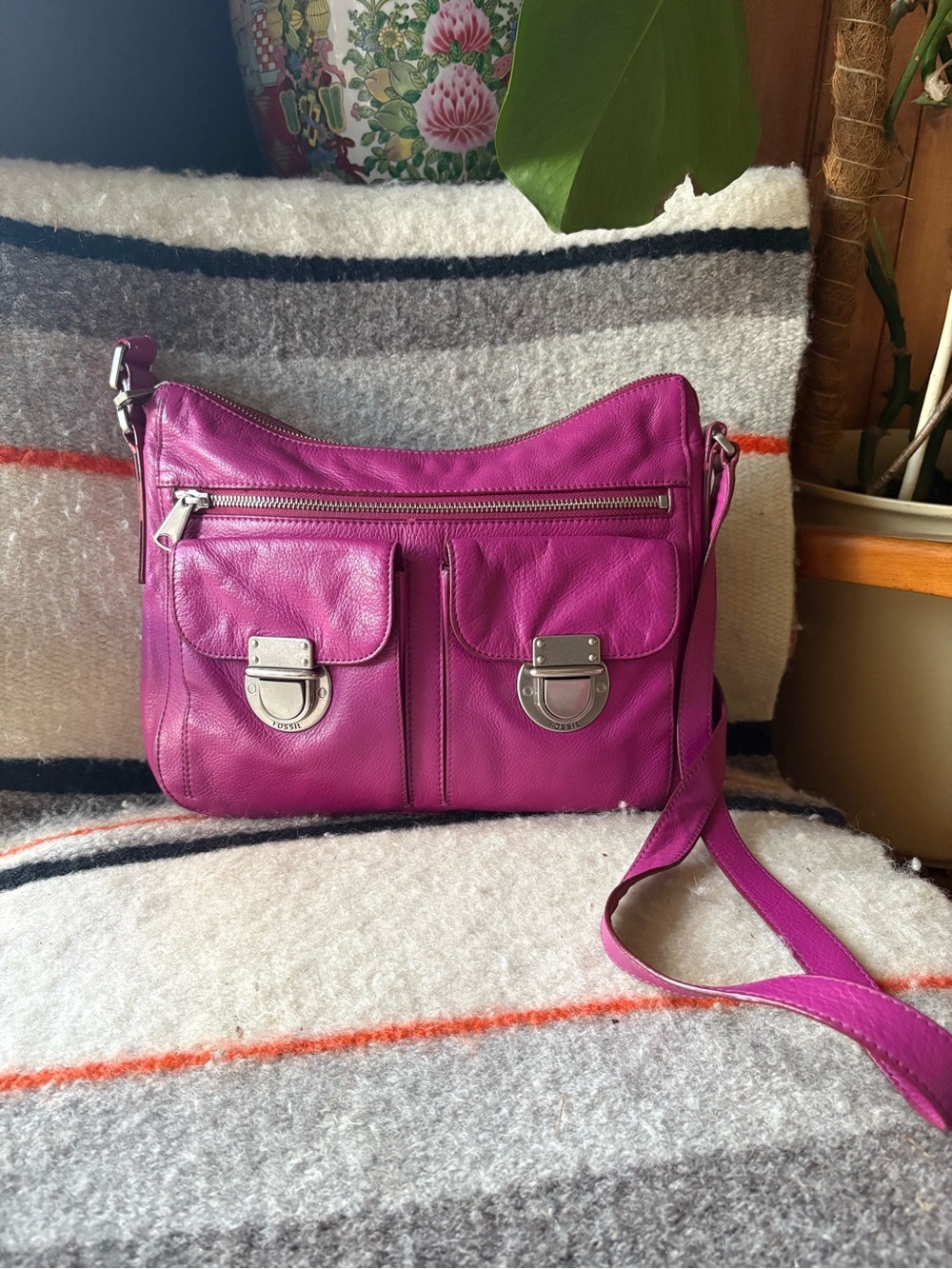 Fossil Riley Fuchsia Leather Crossbody